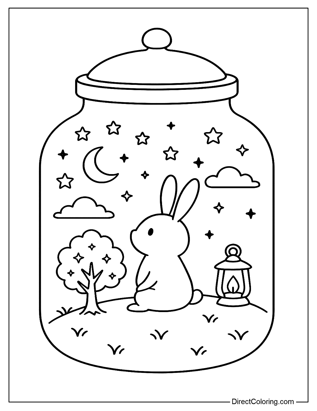 A little stargazing creature in a jar, with a night sky, twinkling trees, and lanterns